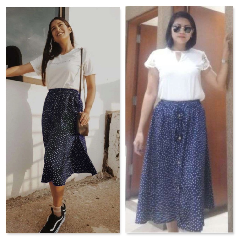 A-Line Navy Polka Dot Drawstring Midi Skirt - Picture 5 of 7